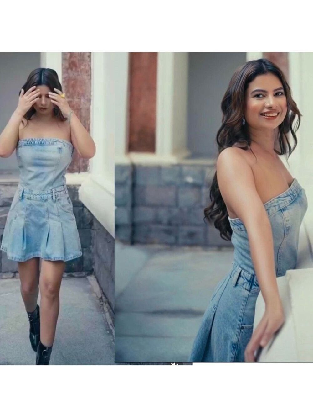 Zara blue light wash denim Jean strapless corset bustier box pleat mini dress L